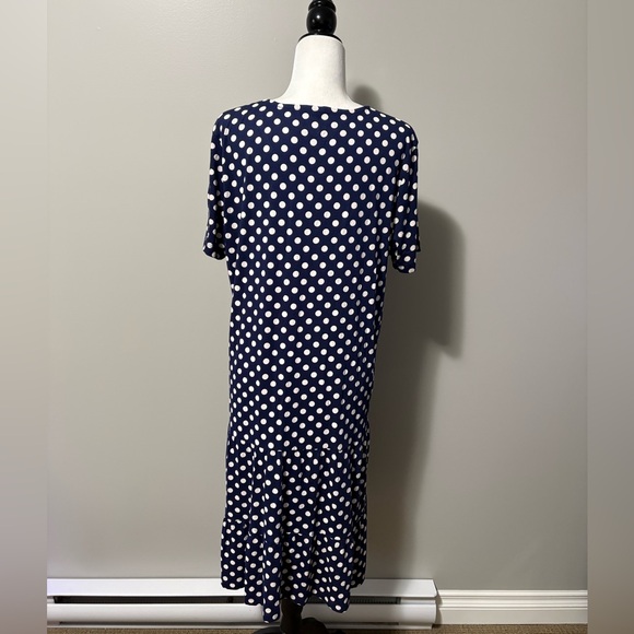 Olsen Short Sleeve Jersey Knit T-Shirt Dress Tiered Hem Blue and White Dot - Picture 8 of 13